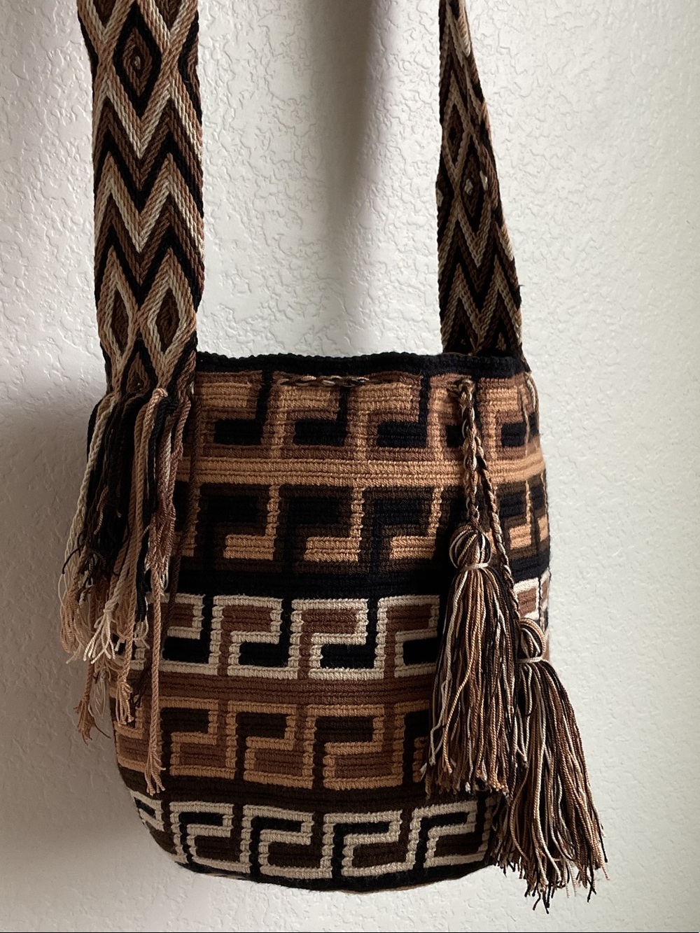 WAYUU Artisan Woven Geometric Crossbody Bag in Brown, Black, Tan and Cream